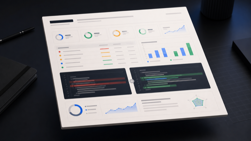 Abstract audit report object with score blocks and diff-like panels